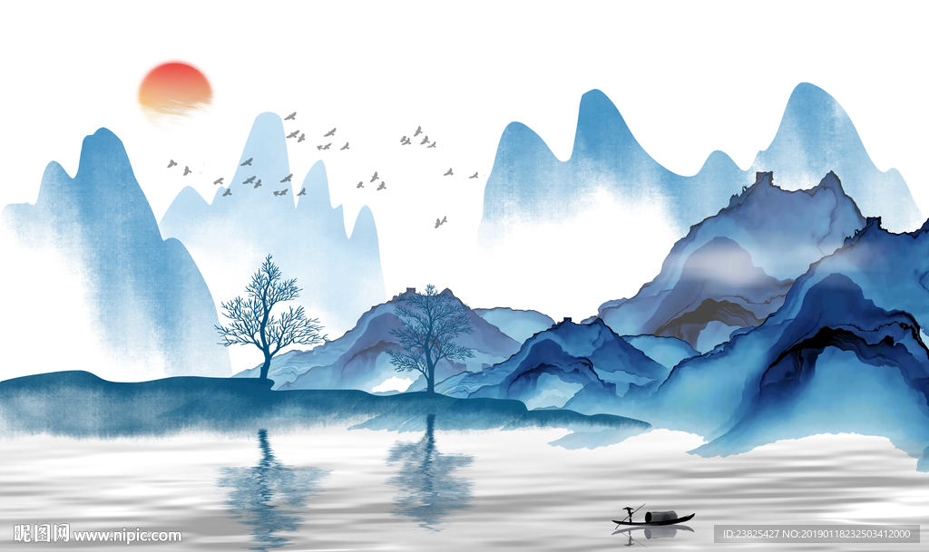 新中式蓝色水墨山水抽象电视背景