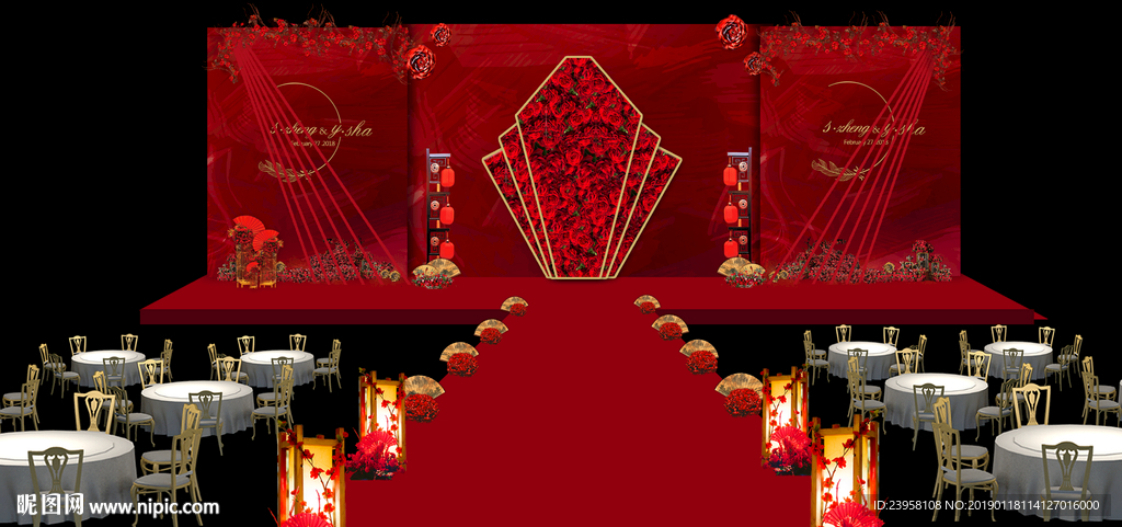 现代感新中式红色婚礼效果图