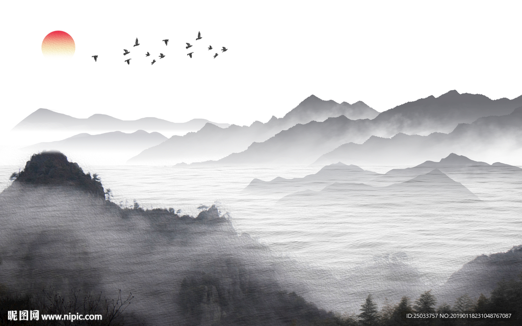 水墨山水创意新中式玄关屏风背景