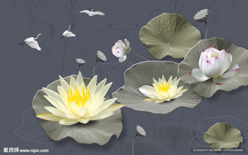 立体荷花玄关屏风电视背景墙壁画