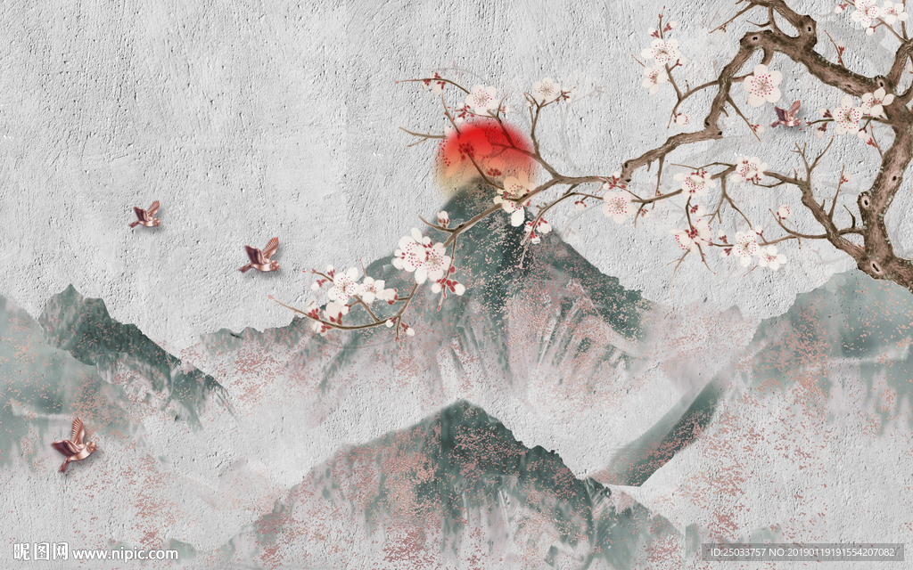 水泥墙山水花鸟中式创意玄关屏风