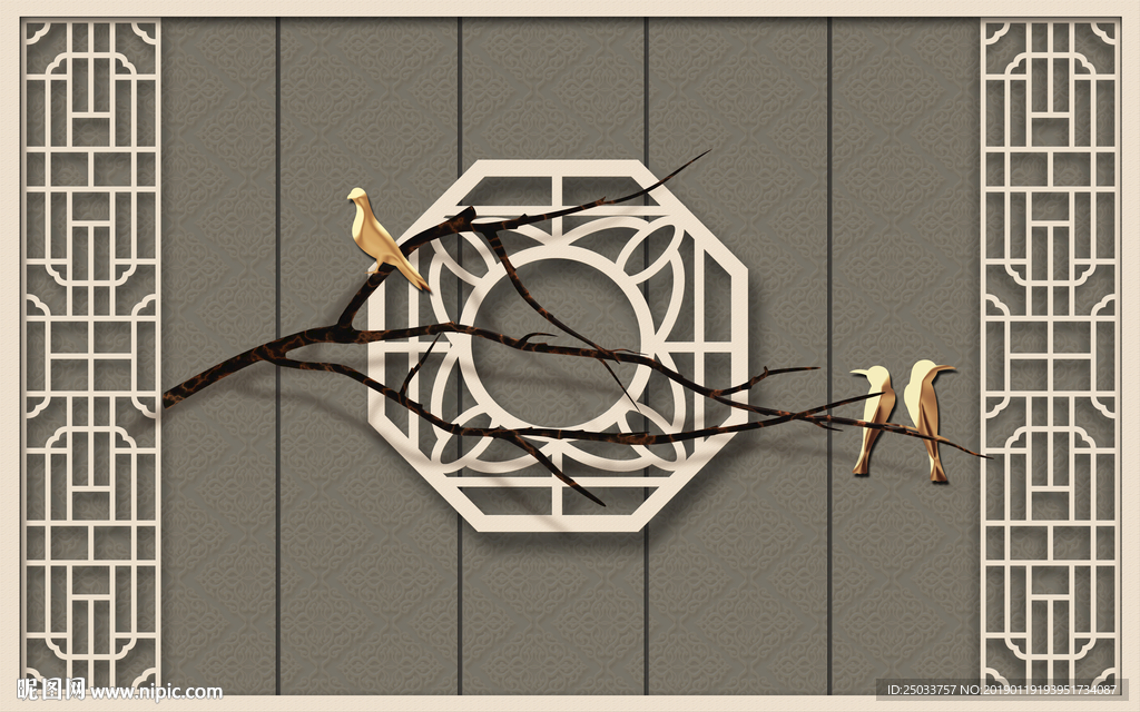 中式窗框花鸟玄关屏风电视背景墙