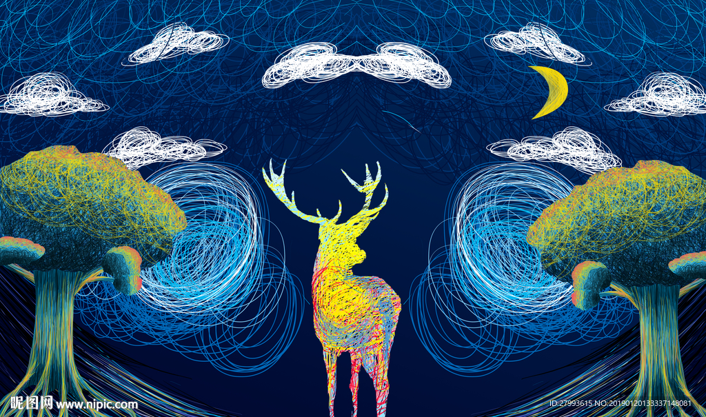 手绘线条抽象背景墙