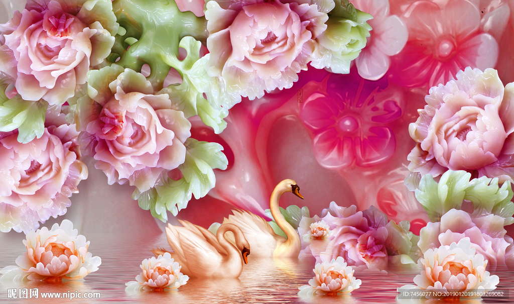 天鹅湖高清牡丹花玉雕立体背景墙
