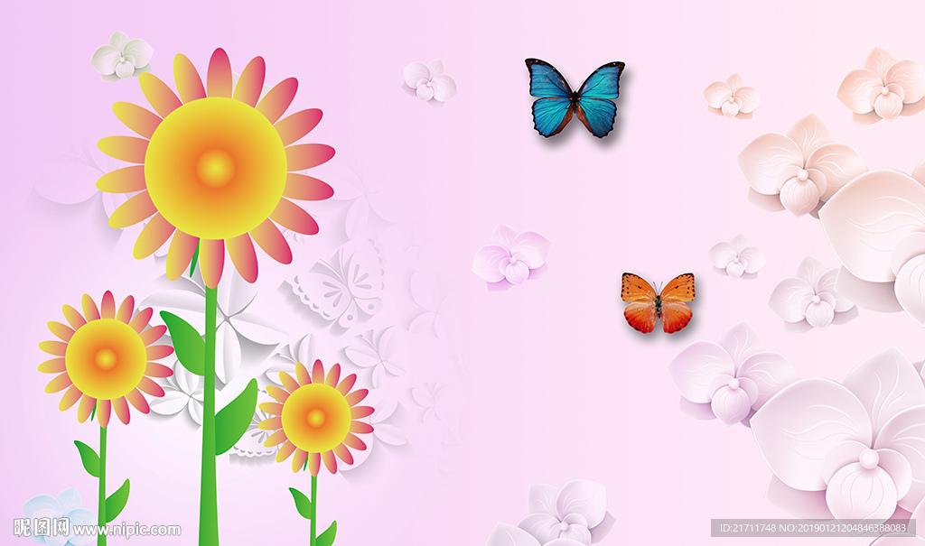 儿童卡通向日葵蝴蝶电视背景墙