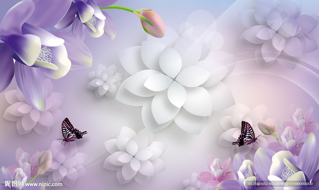 唯美紫色鲜花3D电视背景墙