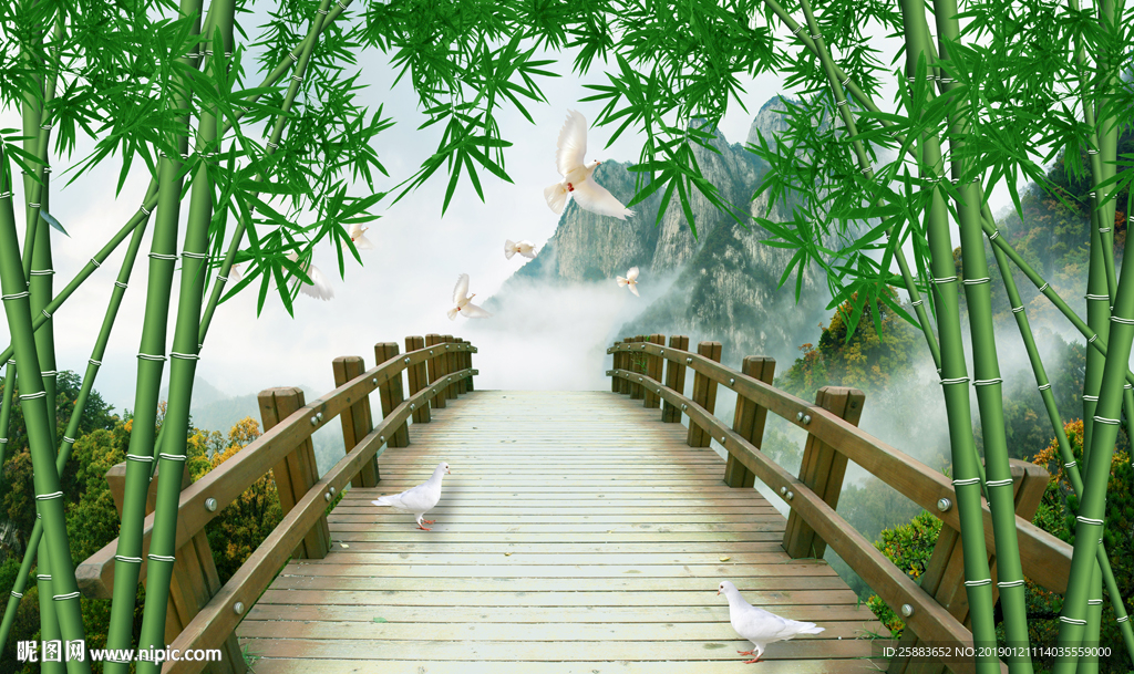 清新竹林木桥3D电视背景墙