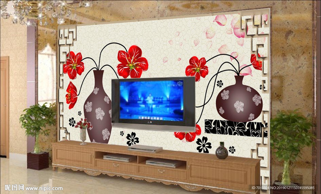 中式花瓶电视背景墙