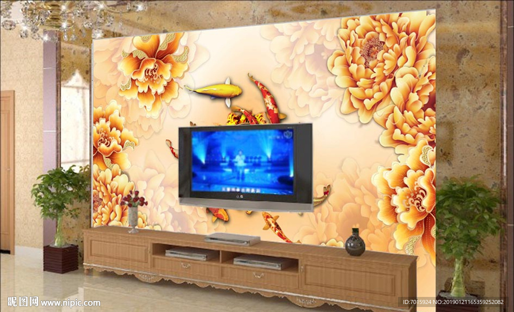 牡丹玉雕电视背景墙