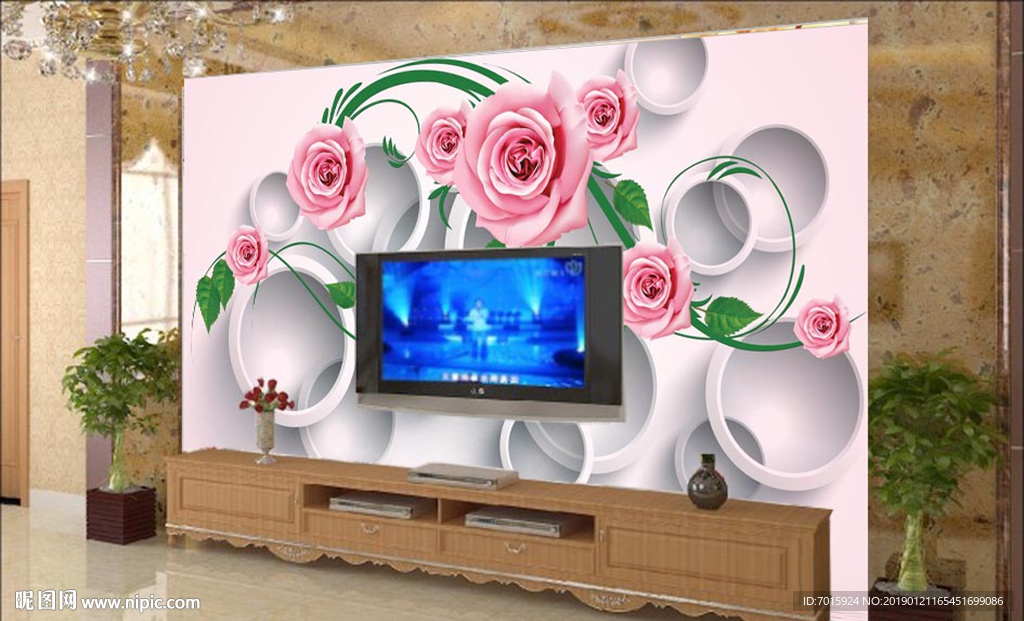 电视背景墙 3D圆圈玫瑰背景墙