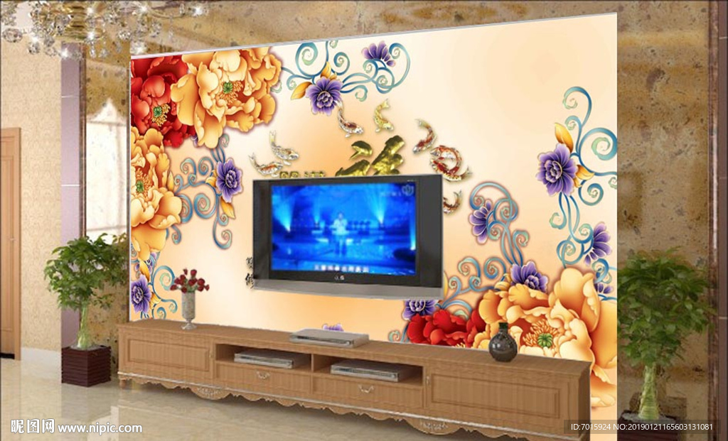 富贵花开电视背景墙 背景墙