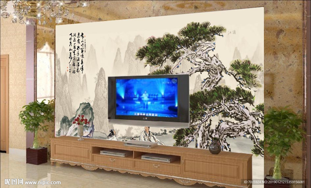 迎客松 油画 电视背景