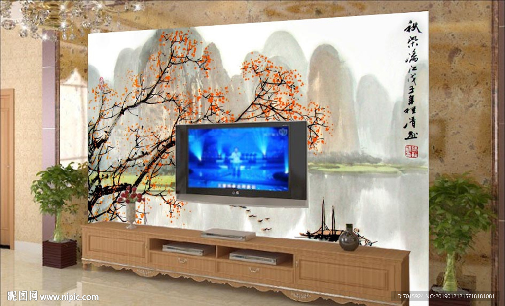 新中式背景墙 梅花 黄色梅花