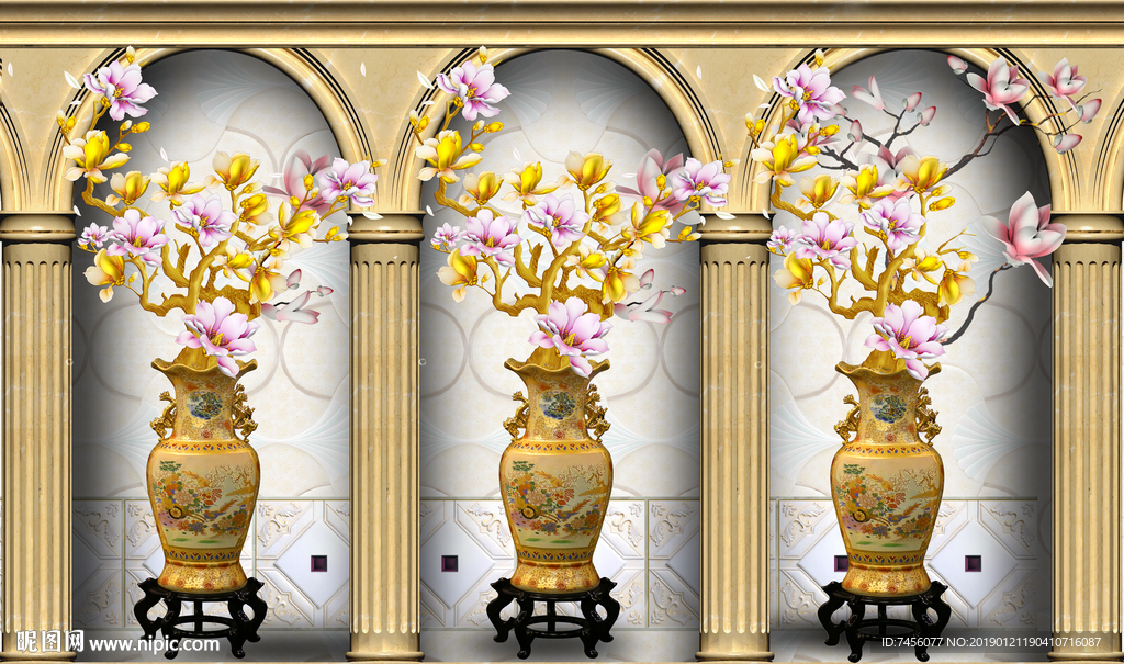 唯美兰花花瓶罗马柱高清背景墙
