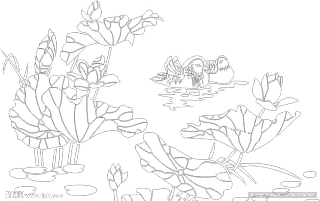 硅藻泥荷花鸳鸯矢量