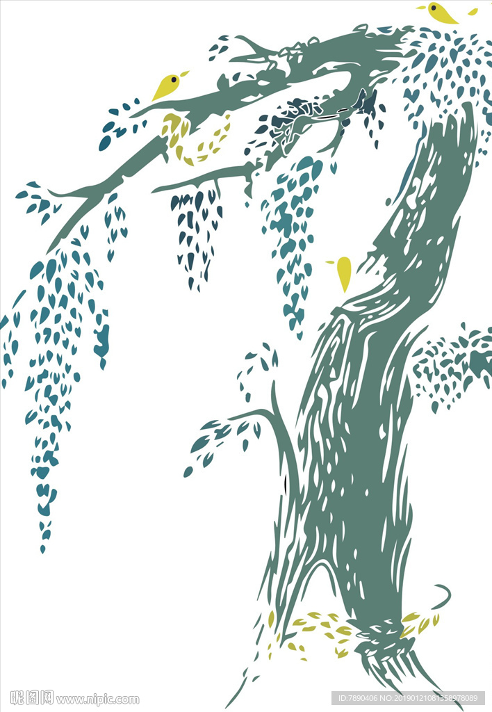 硅藻泥卡通树鸟孔雀枯树矢量