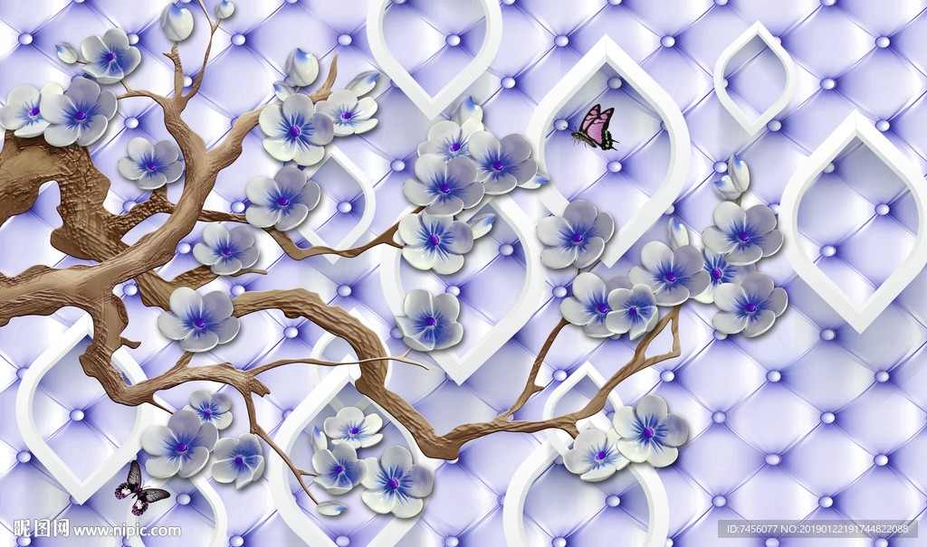 唯美紫色花卉立体软包背景墙