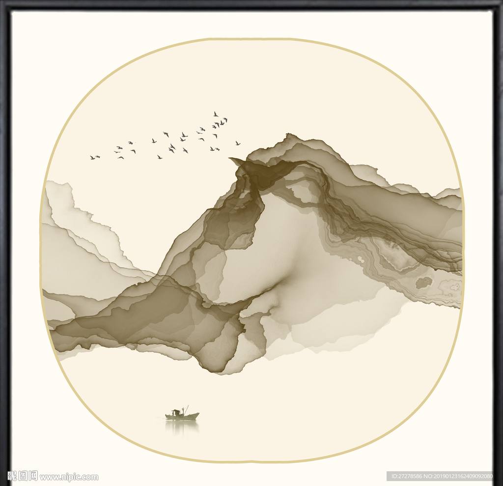 新中式山水画 圆形山水画