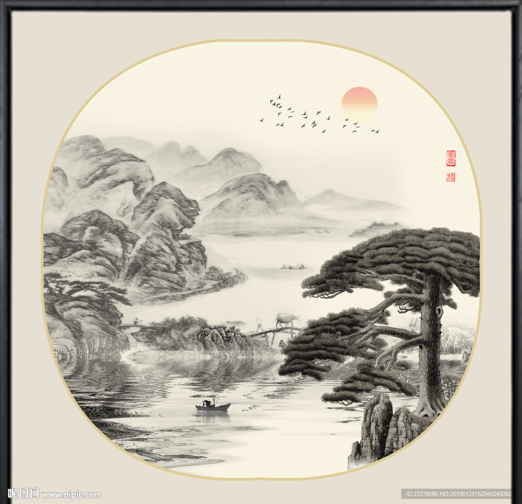 新中式山水装饰画 椭圆山水画