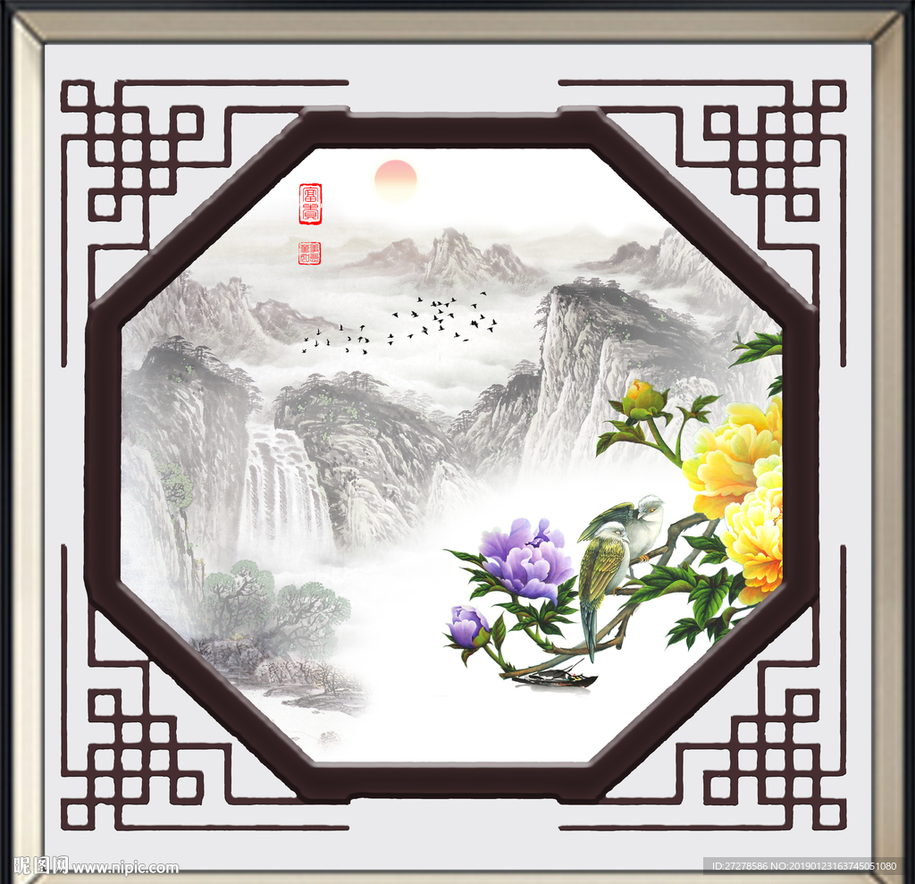 异形山水画 八边形山水画