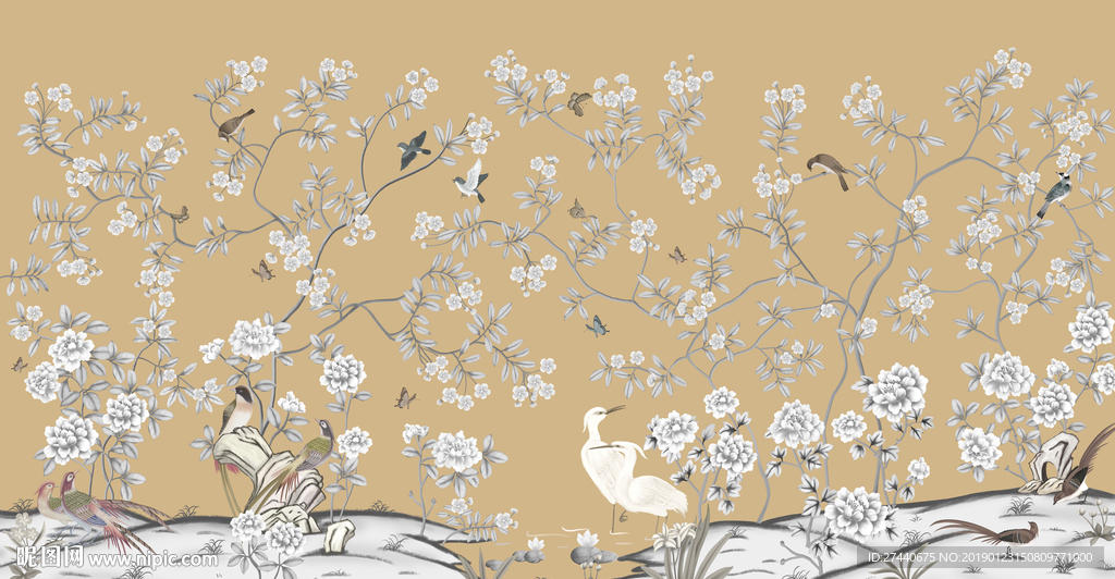 高清手绘工笔花鸟图背景墙壁画