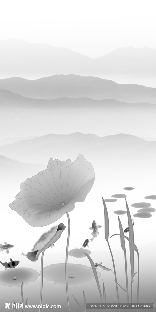 水墨莲花山脉时尚玄关过道壁画