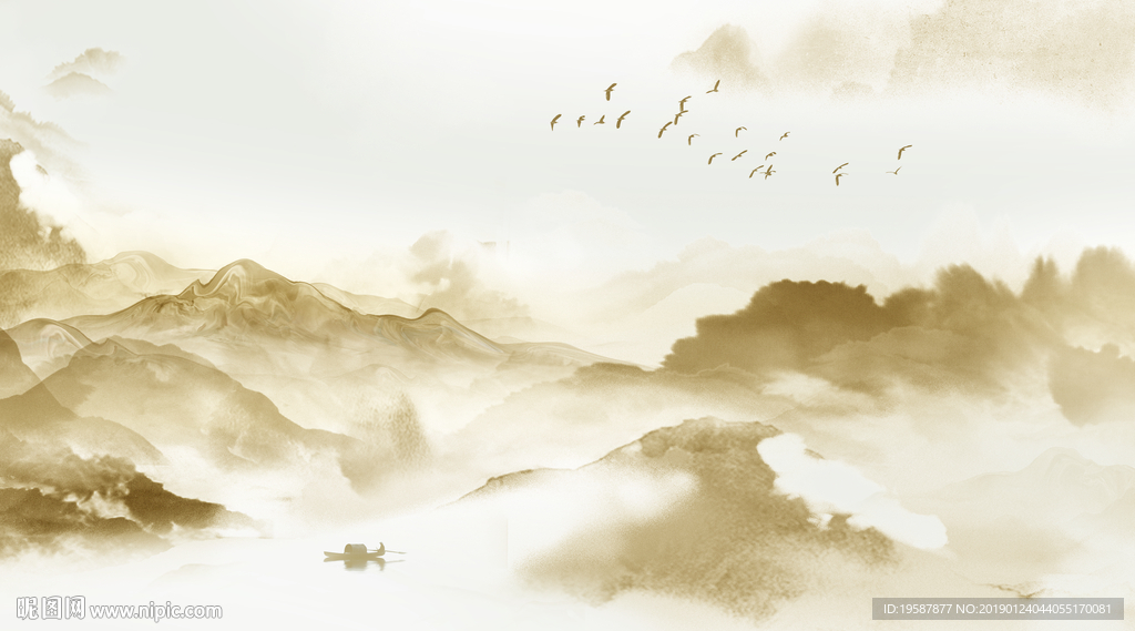 意境水墨山水壁画新中式背景墙