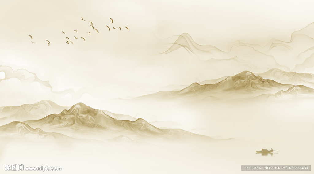 新中式意境水墨山水背景墙壁画