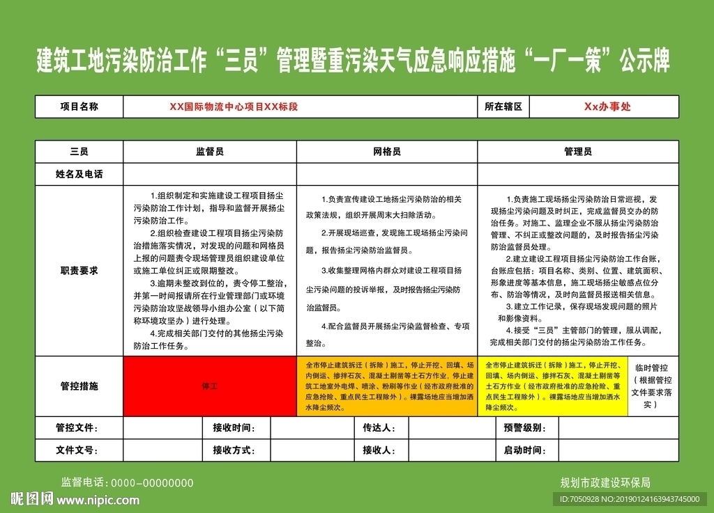扬尘治理三员责任牌