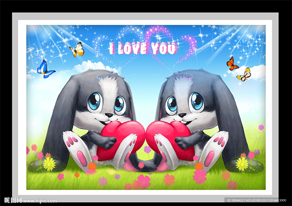 可爱卡通兔子蝴蝶草地装饰画