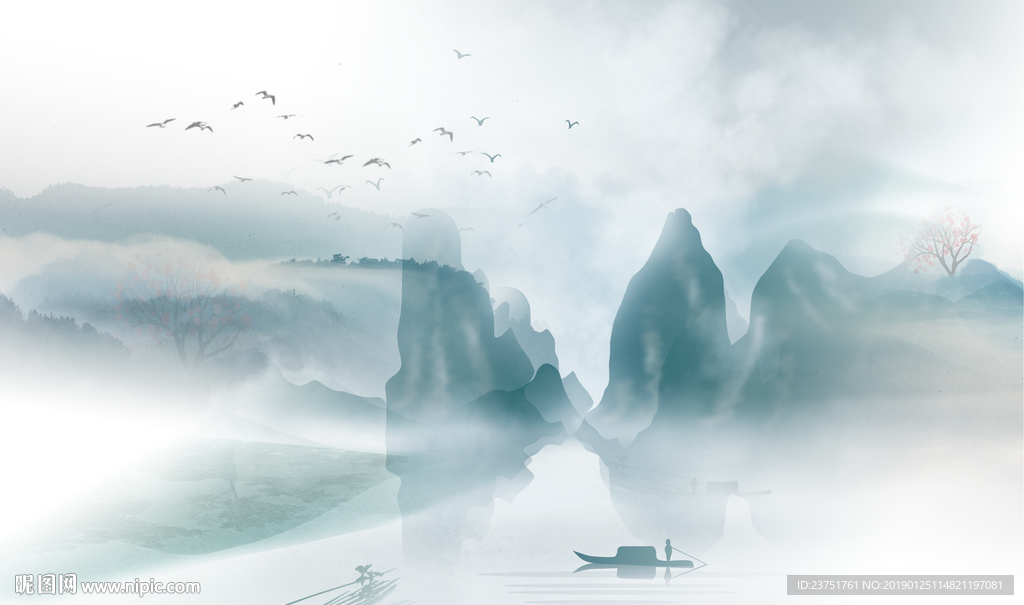 蓝色山水画