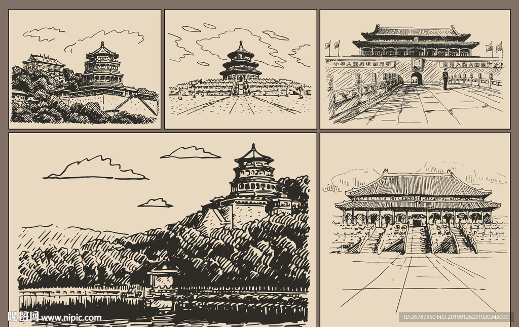 矢量手绘中国古建筑