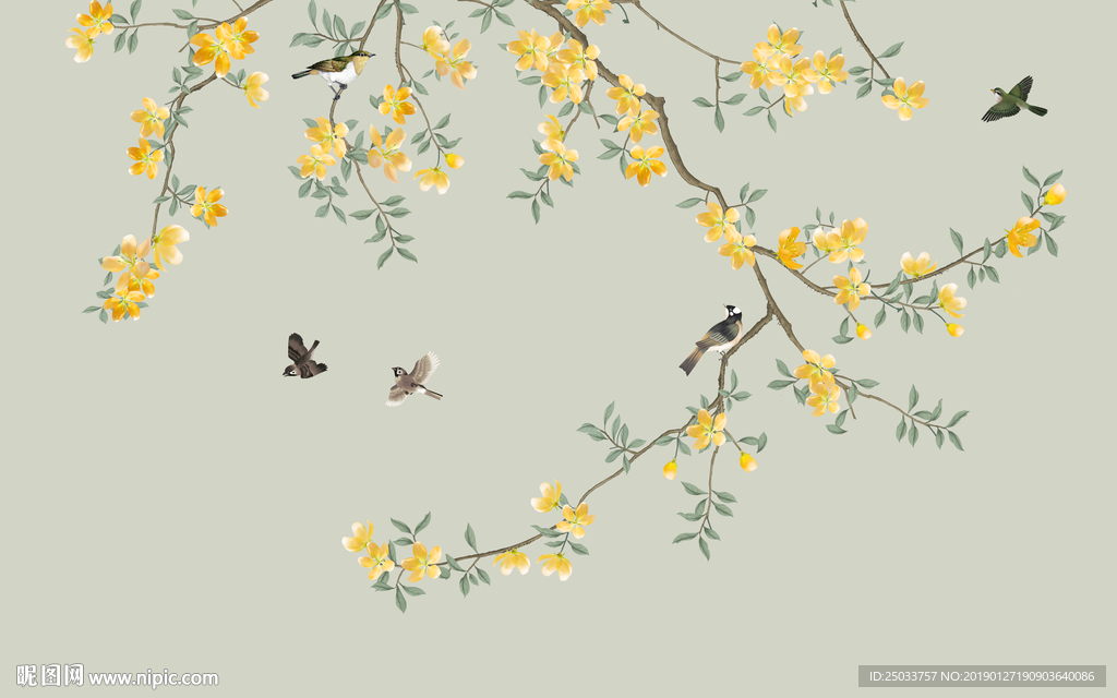 清新工笔画花鸟玄关屏风电视背景