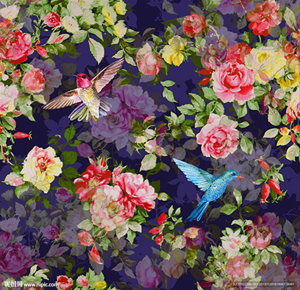服装手绘花卉花鸟印花图案素材