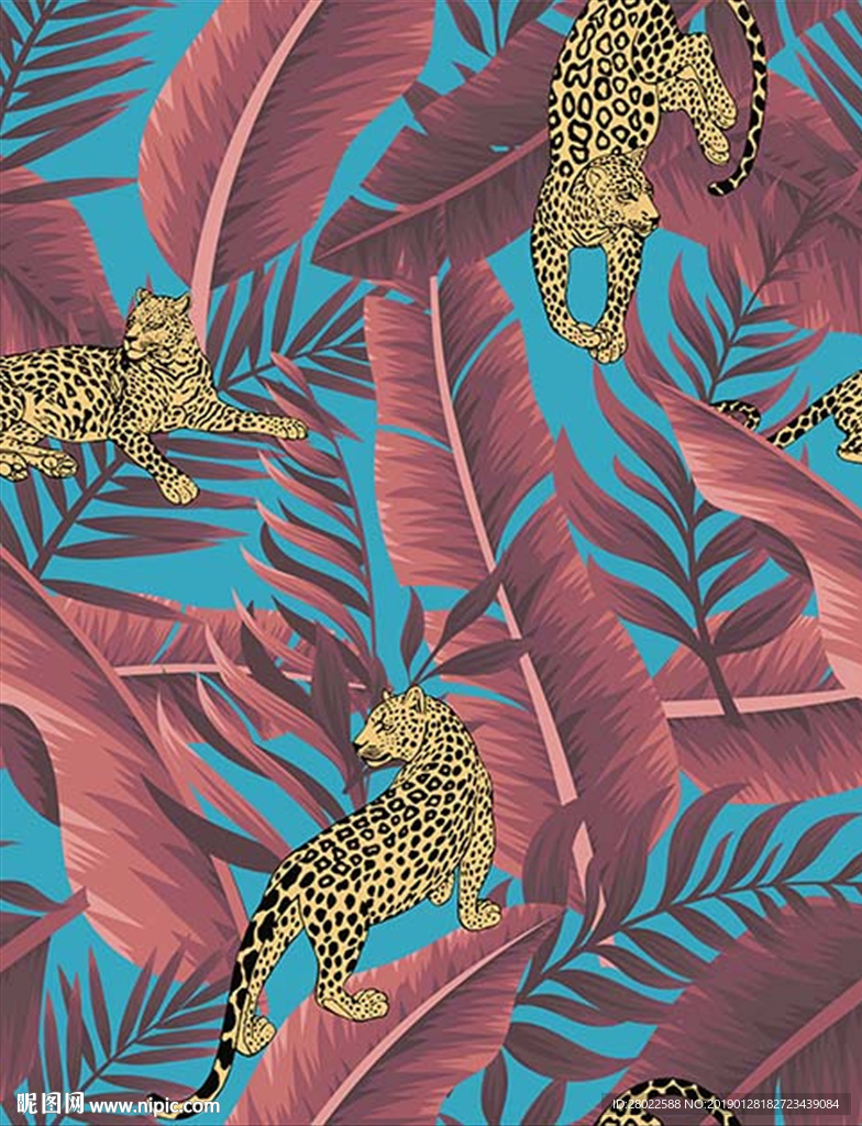 手绘热带植物老虎服装图案素材