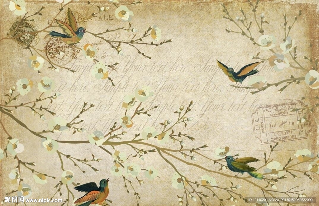 复古花枝小鸟