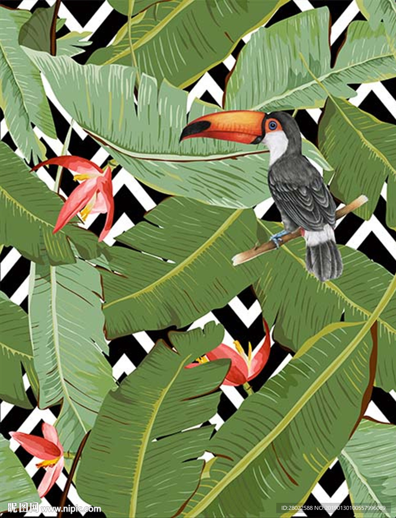 手绘热带植物芭蕉叶大嘴鸟印花图
