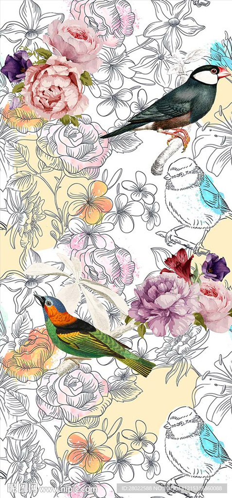手绘线描花鸟花卉服装印花图案