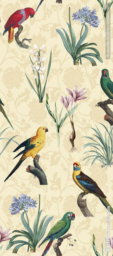 手绘复古花鸟图案墙纸图案印花