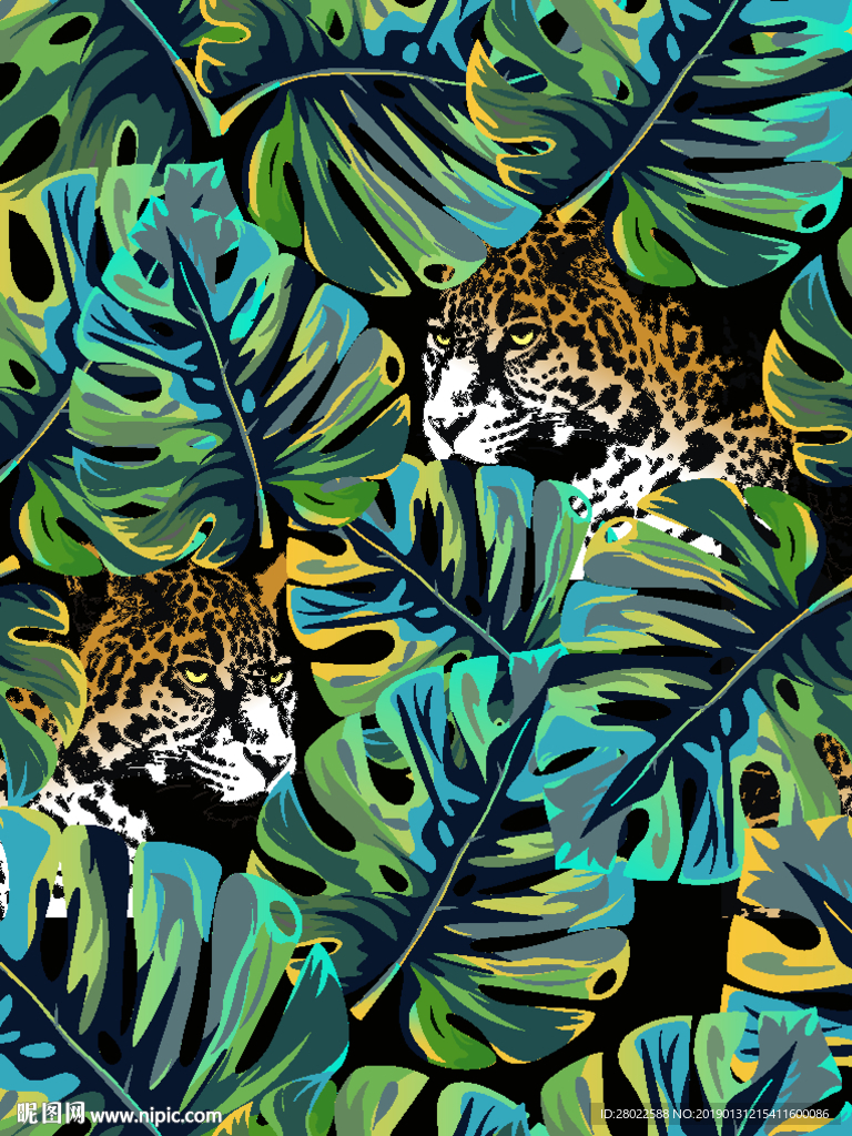 手绘热带植物豹子图案面料图案