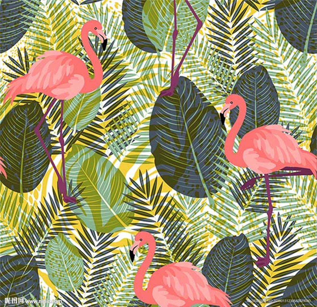 手绘热带植物火烈鸟服装印花图案