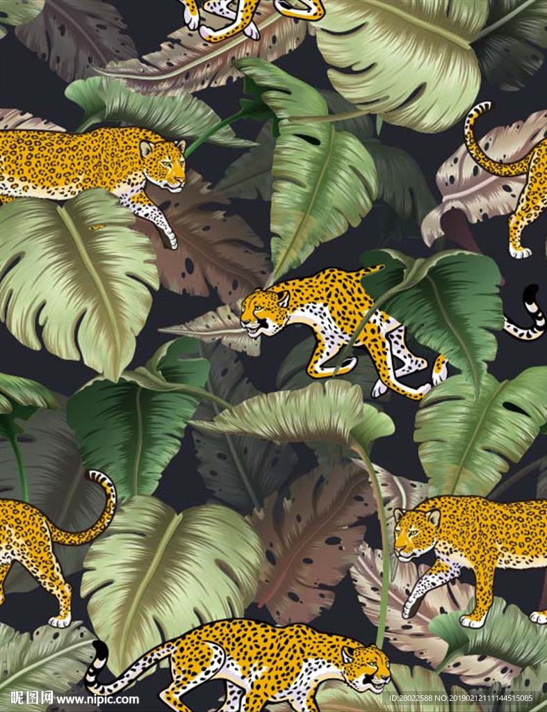 手绘热带植物各种叶子猎豹图案