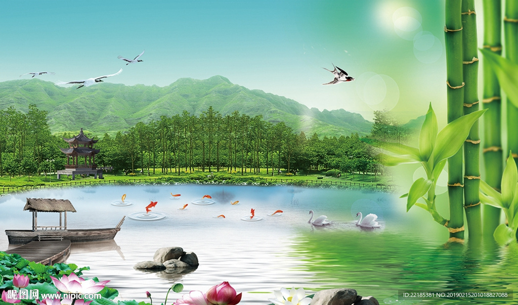荷花小船青竹阁楼飞鸟背景墙