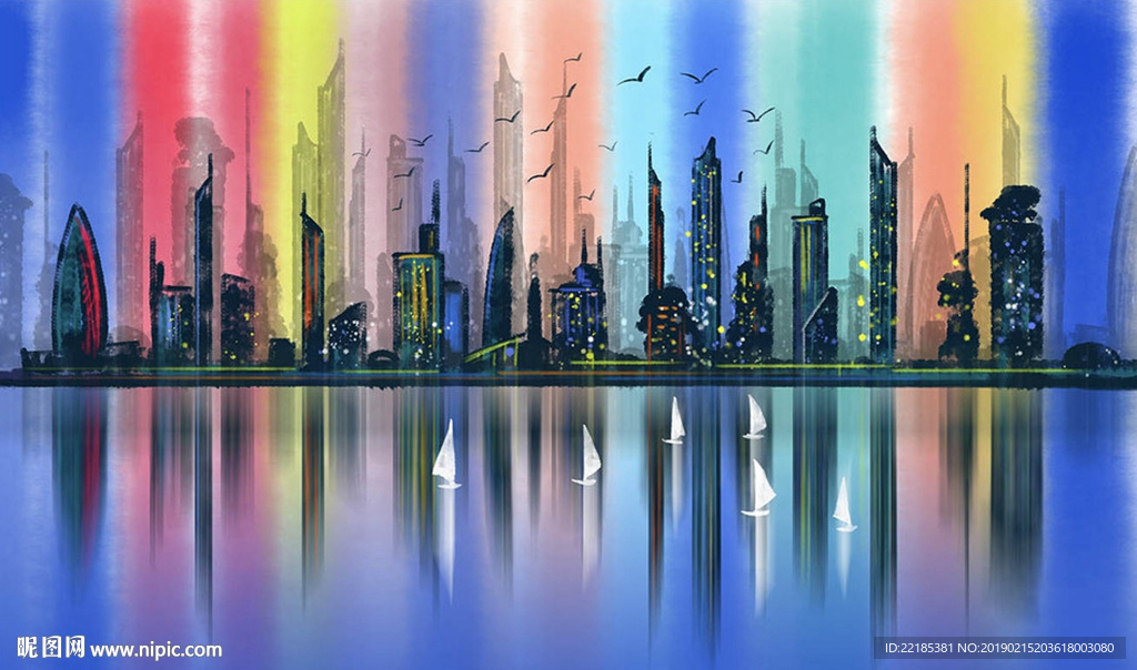 现代手绘抽象城市油画背景墙