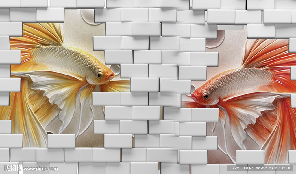 现代唯美创意石砖孔雀鱼背景墙