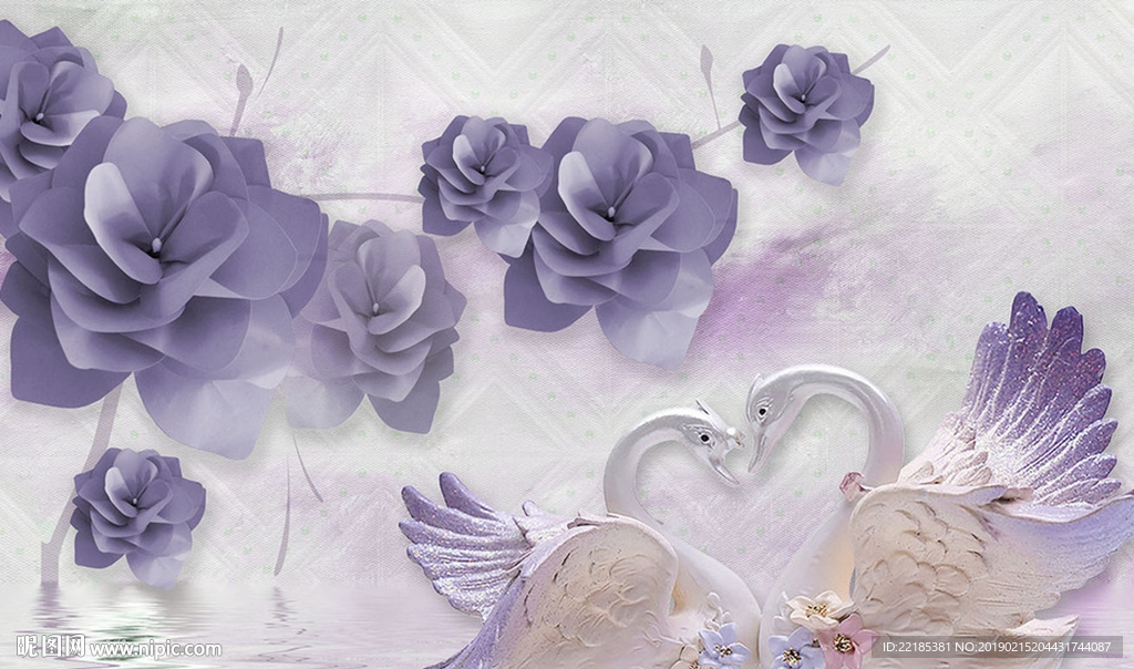 现代紫色典雅花枝天鹅浮雕背景墙