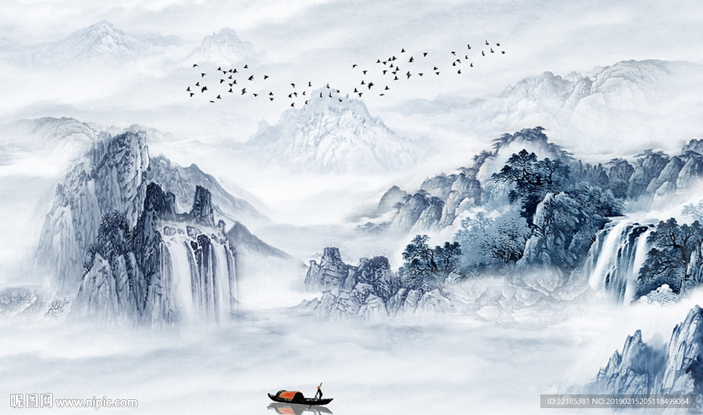 简约山水人家白雪风景背景墙