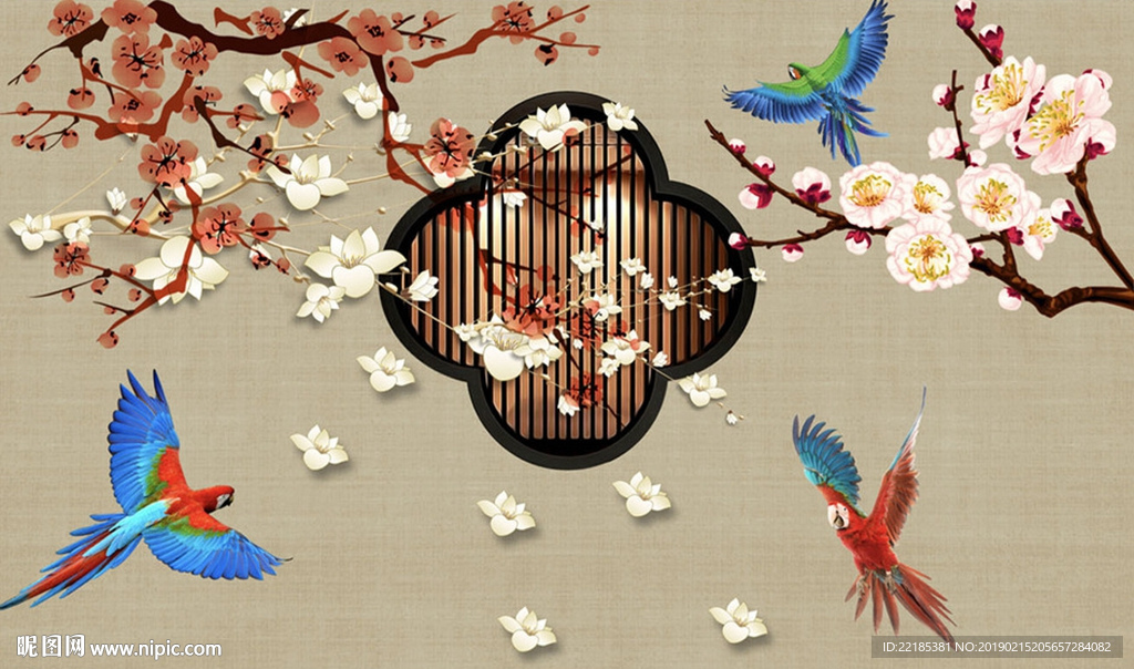 新中式梅花飘落鹦鹉背景墙