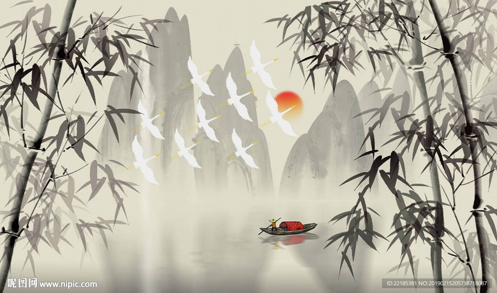 新中式墨竹山水画背景墙