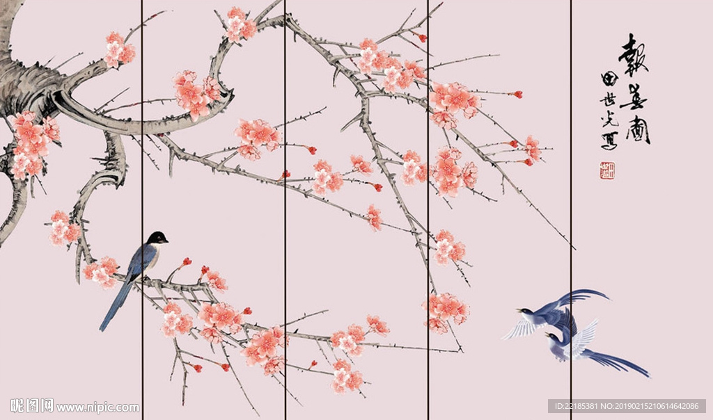 新中式手绘工笔花卉花鸟背景墙